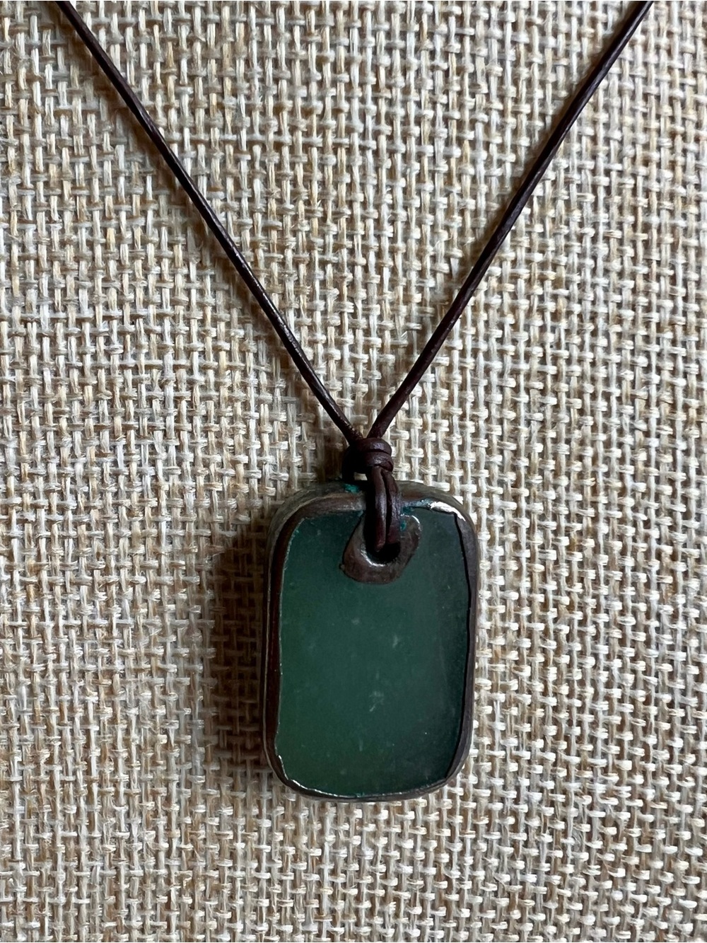 Green Rectangular Stone Pendant Necklace on Brown Leather Cord